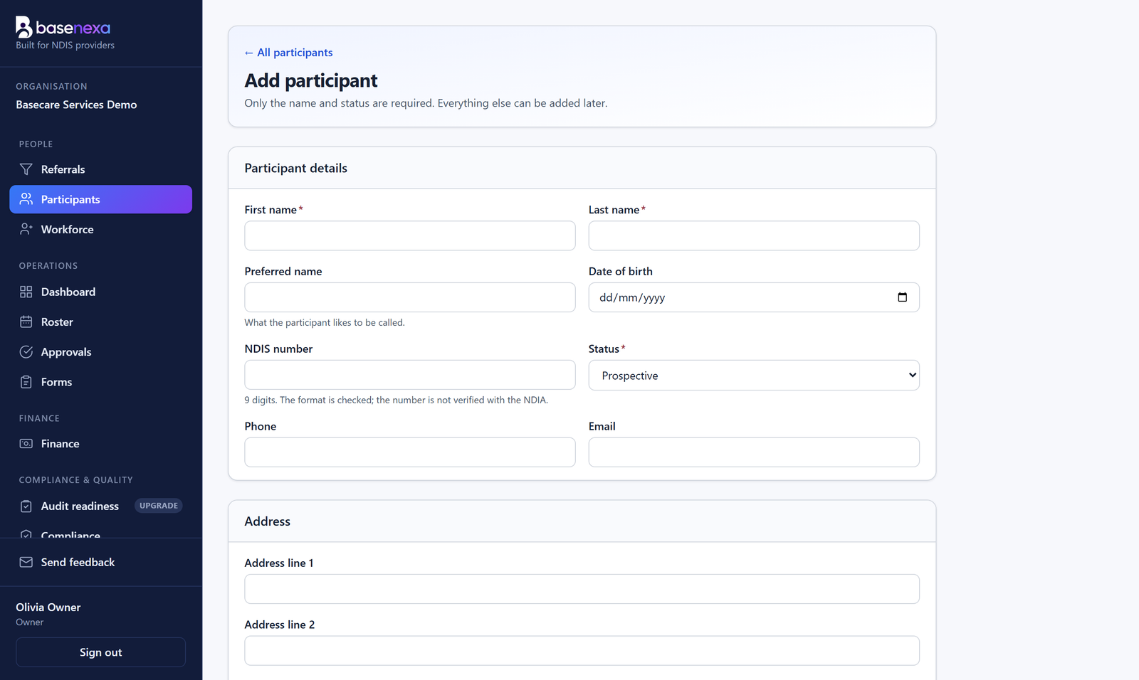 A participant profile: contacts, agreements, funding, plans, goals and history in one tabbed page